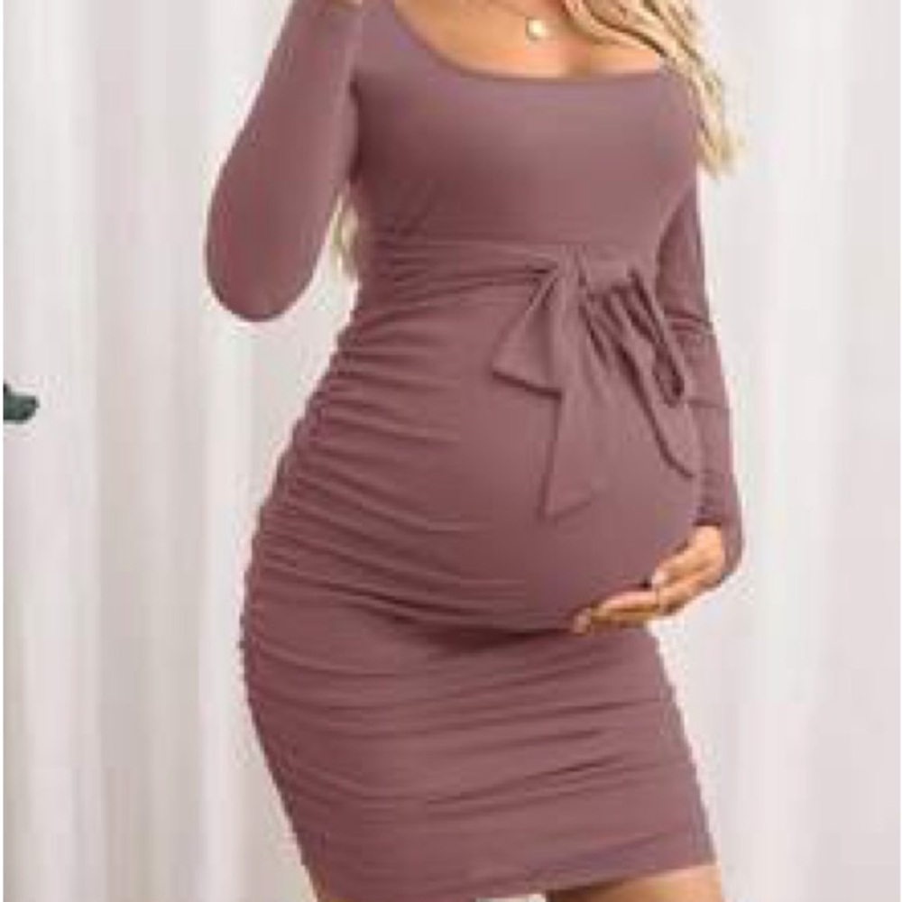 Long Sleeve Tie-Waist Maternity Dress